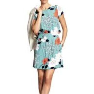 Banana Republic Teal Floral Print Dress Petite 2 Short Sleeve Summer Casual